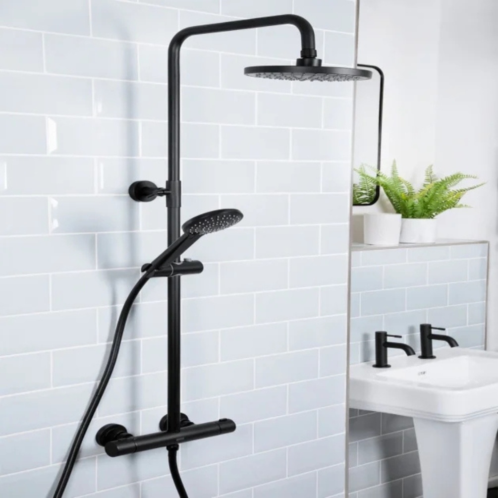 Lifestyle image of the Bristan Buzz Black Thermostatic Shower Column